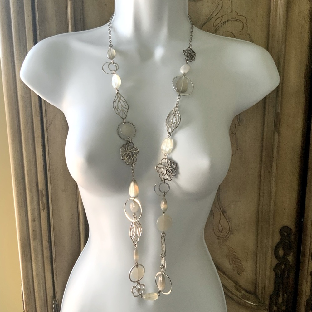 Long Adjustable Silver Tone Necklace with White Pearlized Accents 19”
